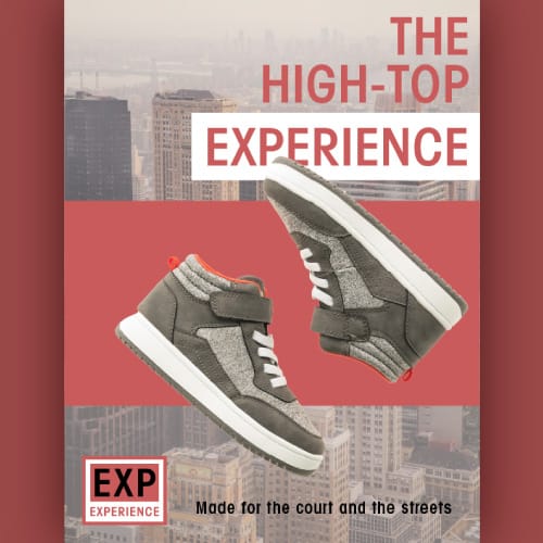 EXP shoes, poster design in red