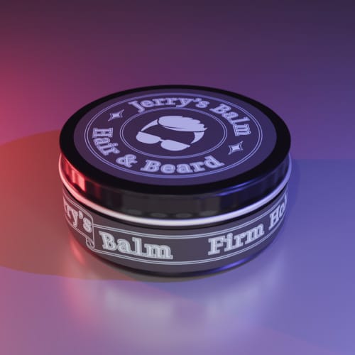 Jerry's Balm label and product design in a 3D render.